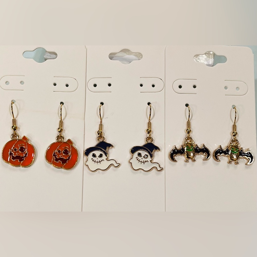 Gold Tone 3 pair Halloween Earrings with Enamel Design - Picture 1 of 7